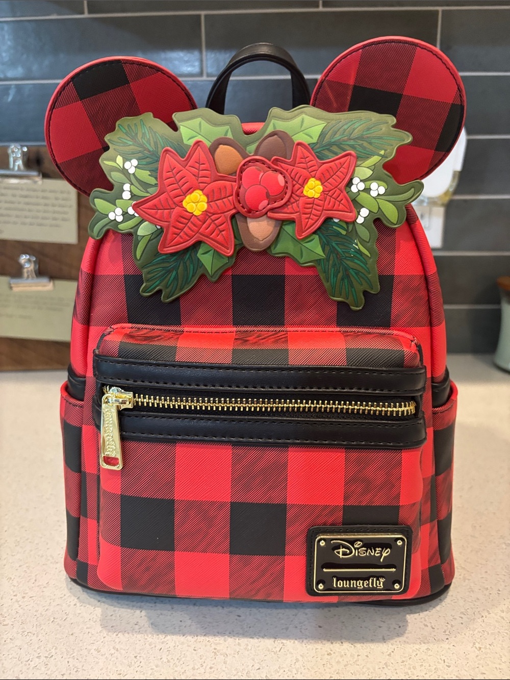 Disney x Loungefly Red Buffalo Plaid Minnie Ear Mini Backpack NWT